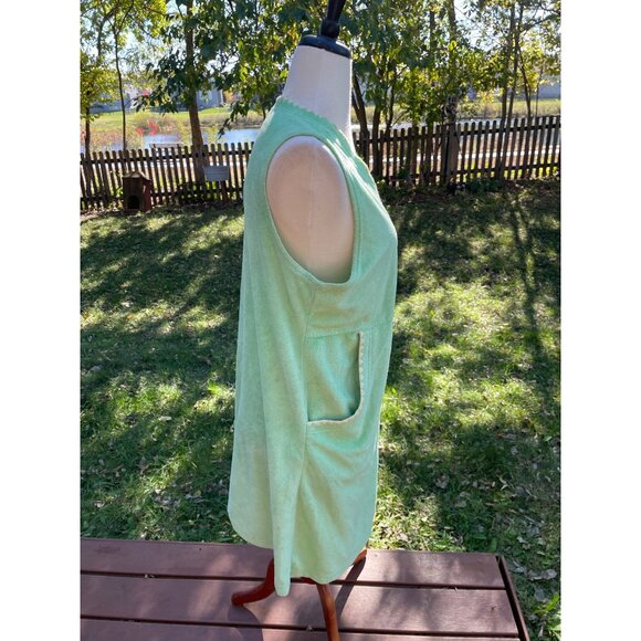 Sleeveless Green Terry Cloth Robe Beach Starfish Large Embroidery Front Zip & Po - Picture 9 of 9